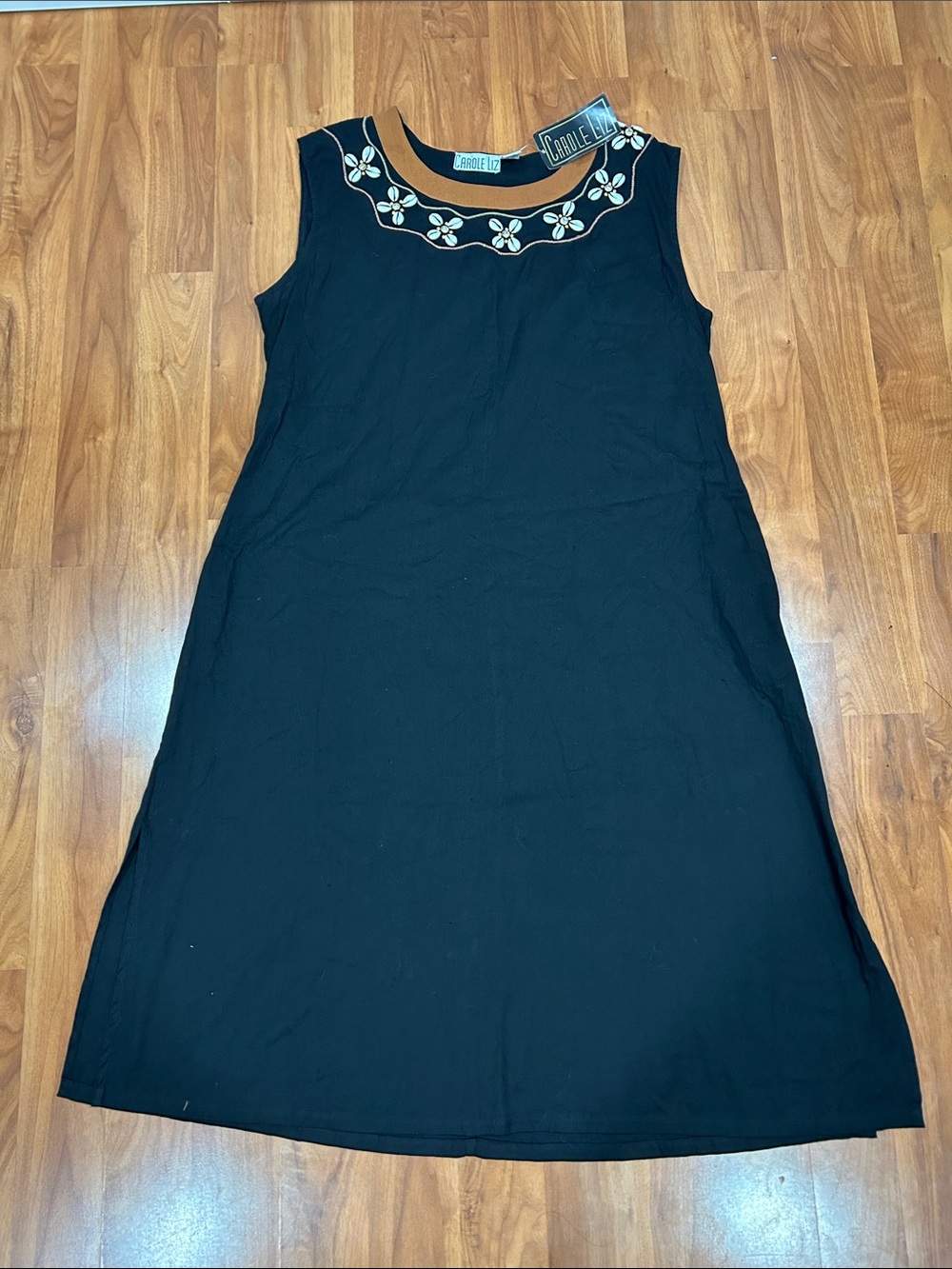 Carole Little Black Sleeveless Maxi Dress with Embroidered Neckline
